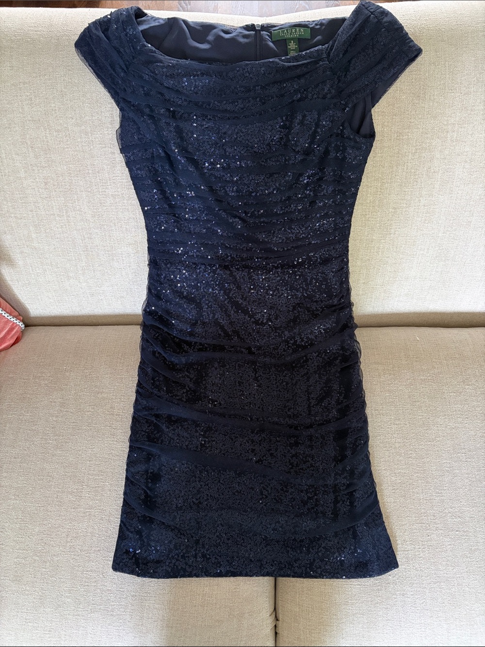 Ralph Lauren Navy Sequin Ruched Mini Dress